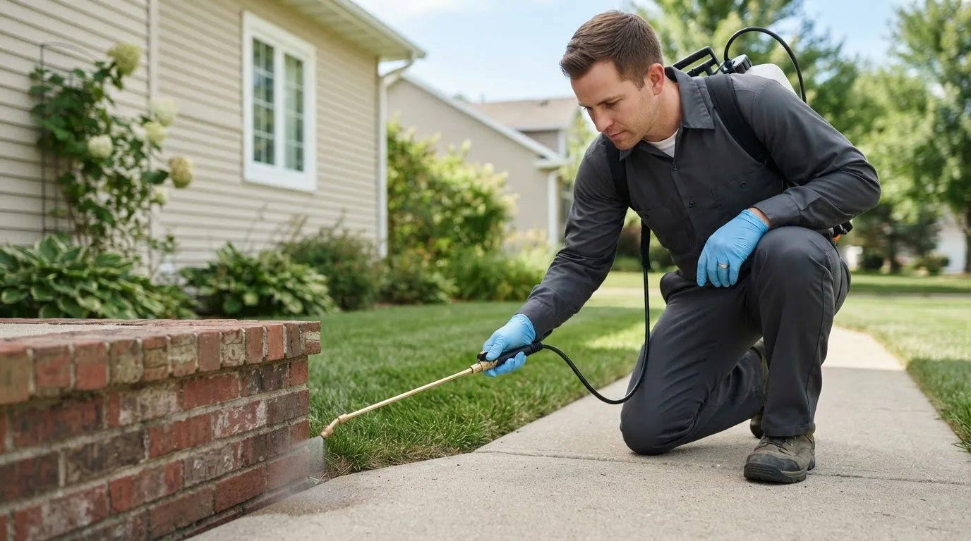 Pest control technician treating a home near Harrington, ME